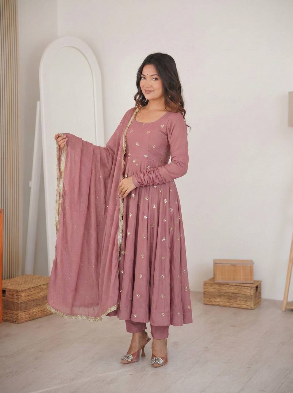 Premium Roman Silk Embroidered Anarkali Suit Set