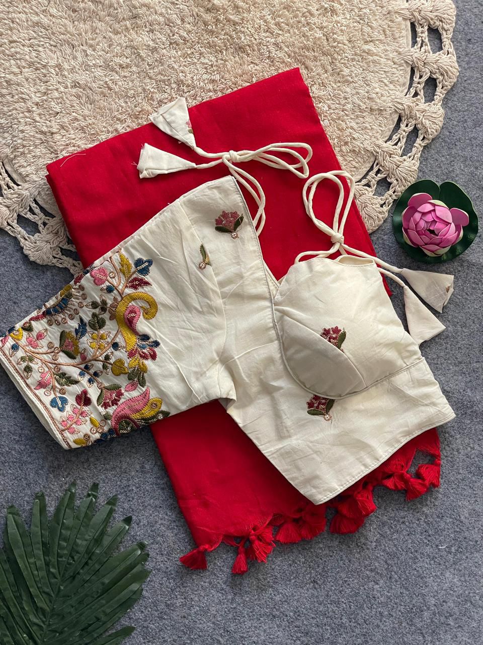 Dharma Exclusive - Red Handloom Cotton Saree With Havy Embroidery Stitched Blouse