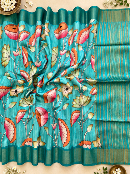 Catchy Blue Soft Tussar Silk Floral Print Saree with Zari Border
