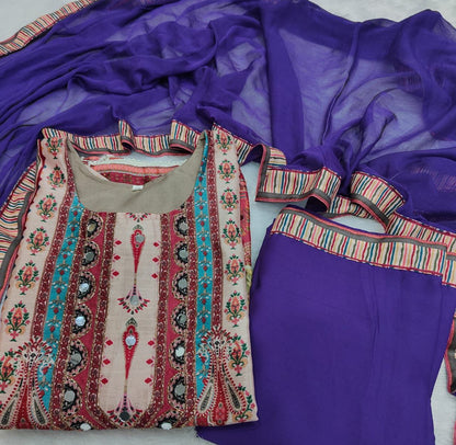 Attractive Violet Patchwork Printed Chinon Suit Set with Fancy Mirror Work