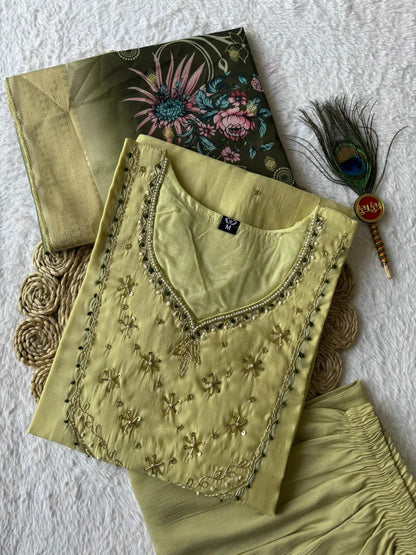 Very Beautiful Lime Green Handwork Premium Mul Chanderi Suit Set