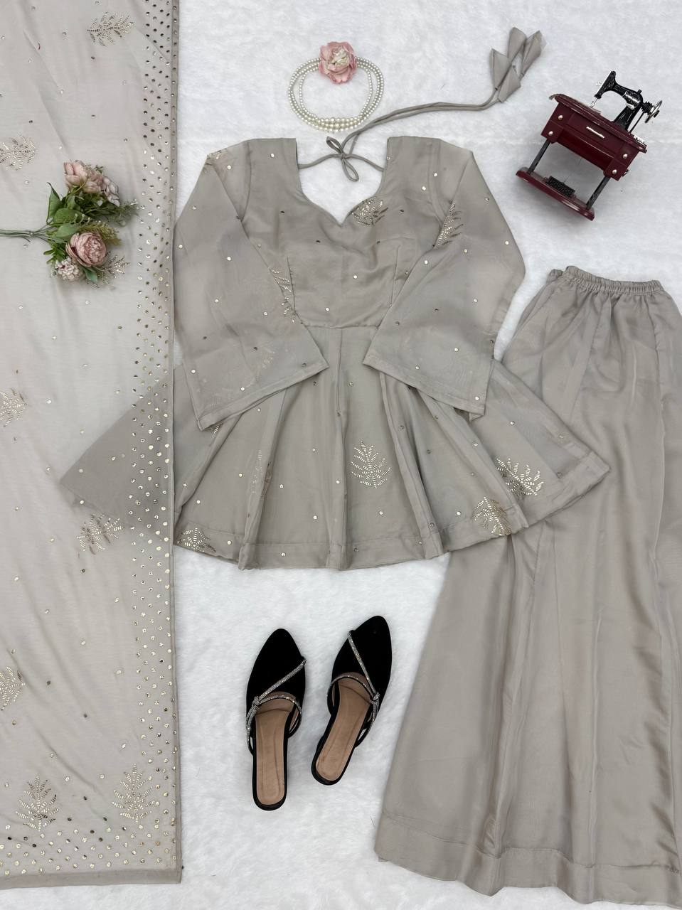 Very Attractive Grey Tabby Silk Sharara Suit with Foil Work
