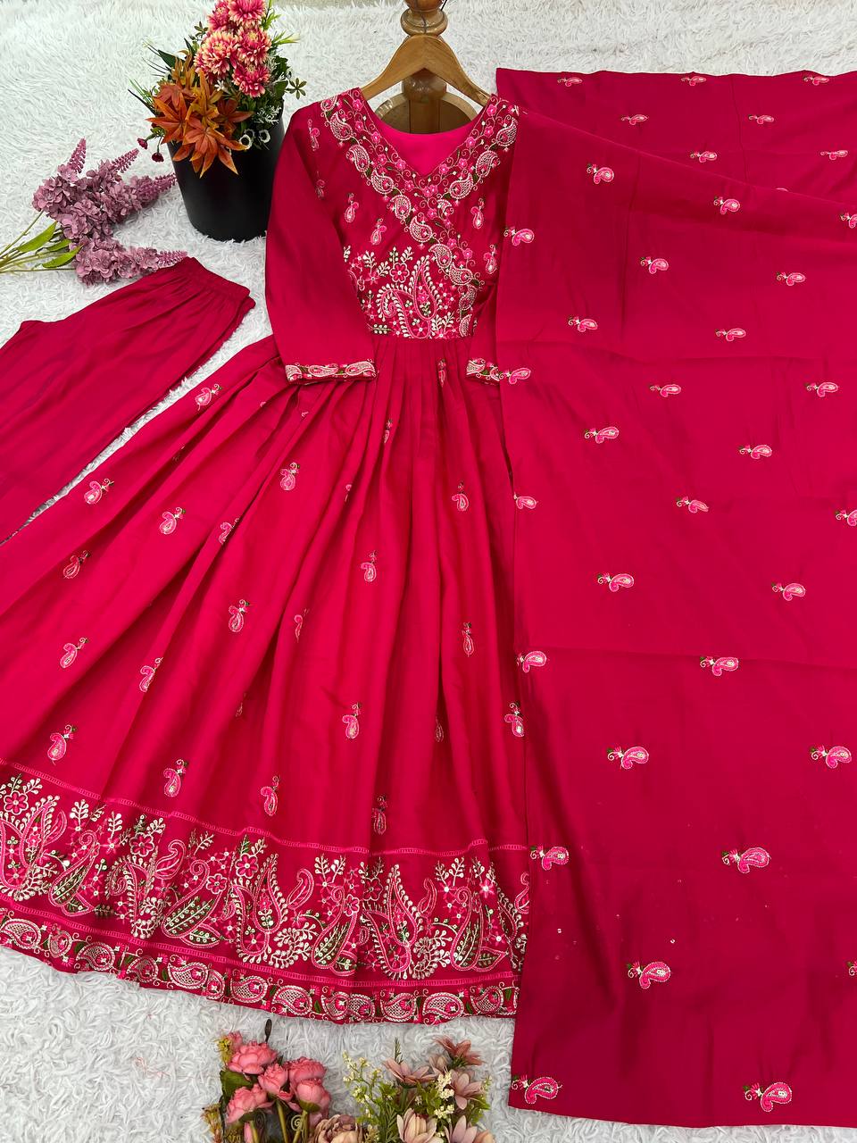 Premium Rani Pink Roman Silk Festive Angrakha Suit Set with Dupatta