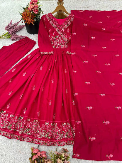 Premium Rani Pink Roman Silk Festive Angrakha Suit Set with Dupatta