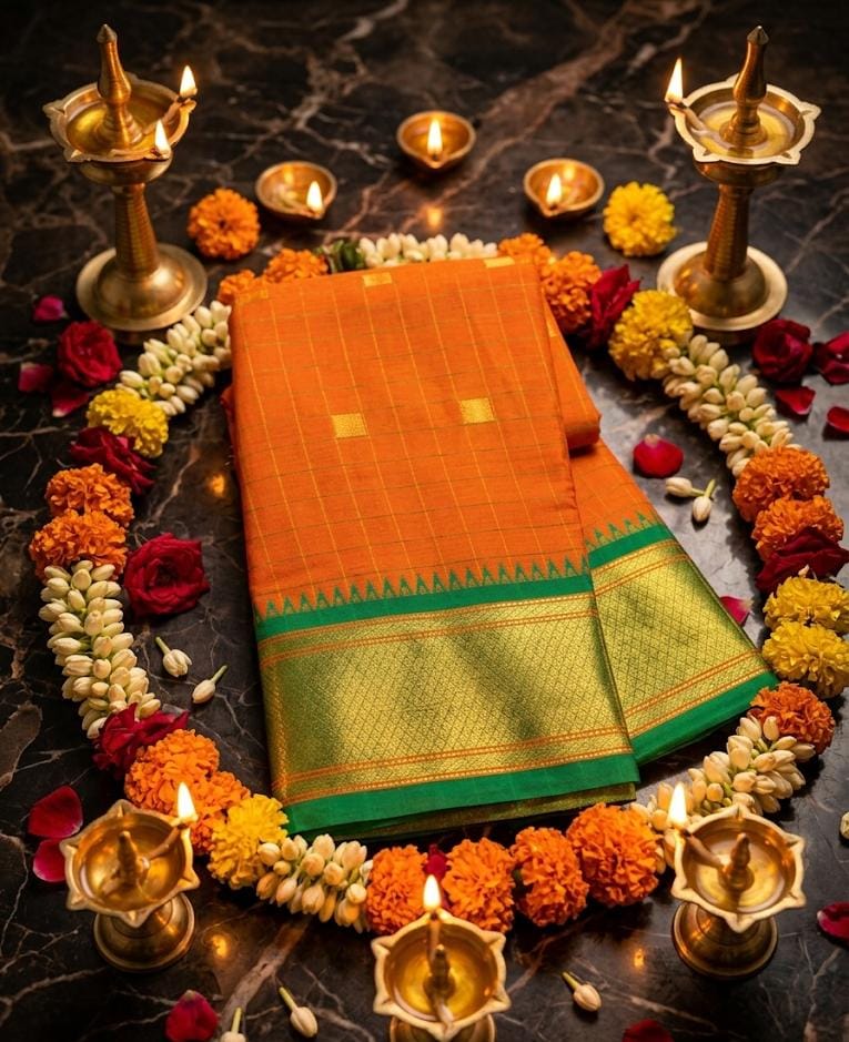 Exclusive Orange Chex Woven Cotton Silk Saree With Gold Zari Waving Work