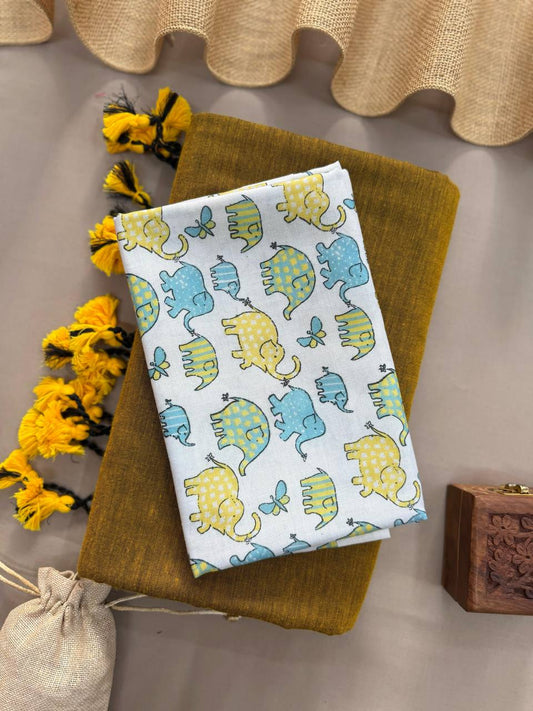 Trendy Mustard Yellow Handloom Cotton Saree With Elephant Printed Blouse