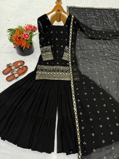 Black Pure Heavy Georgette Embroidery Sharara Suit Set