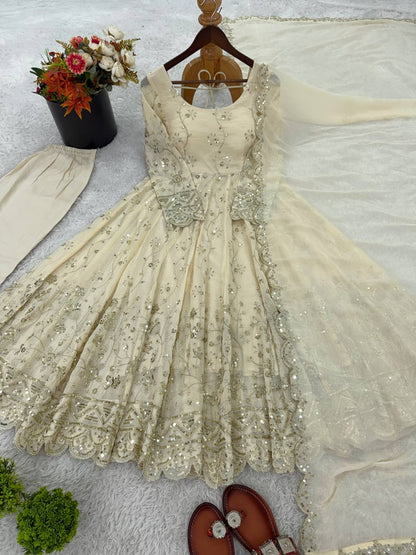 New Designer Crunchy Silk Embroidery Anarkali Suit Set