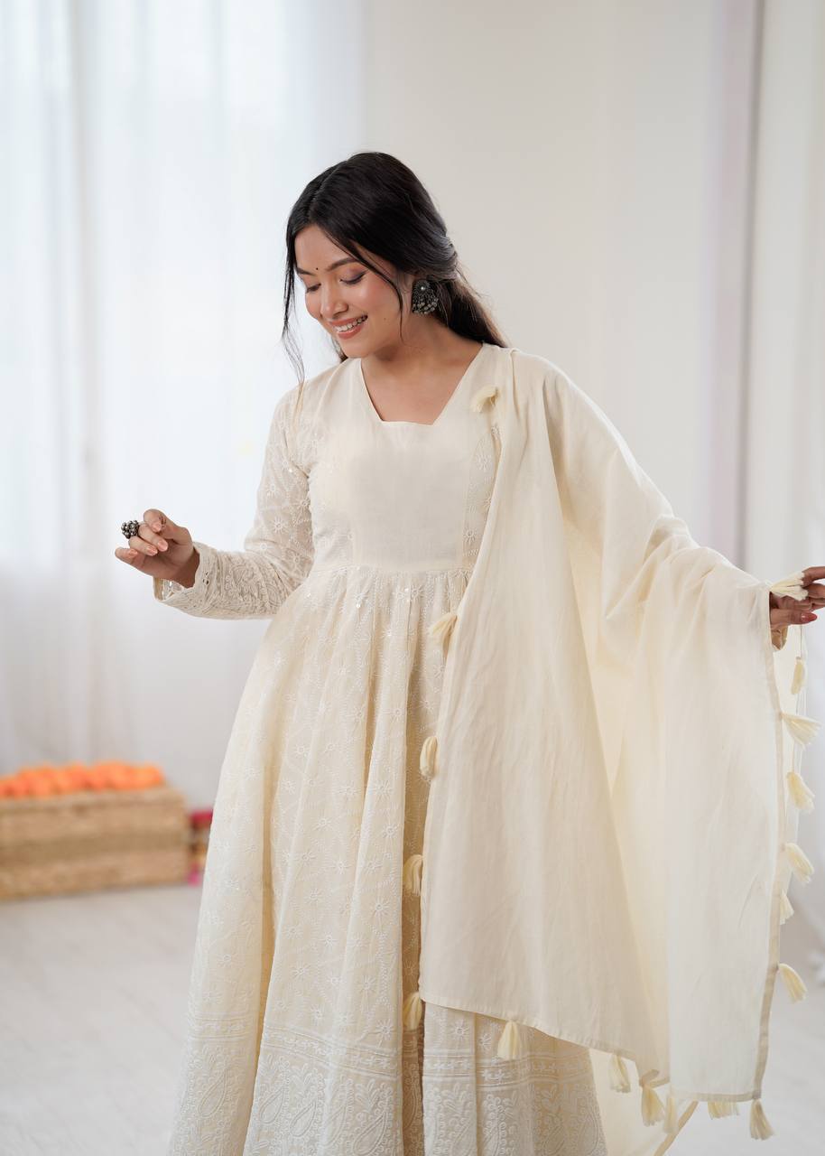 Elegant Off-White Pure Kora Cotton Anarkali Suit Set