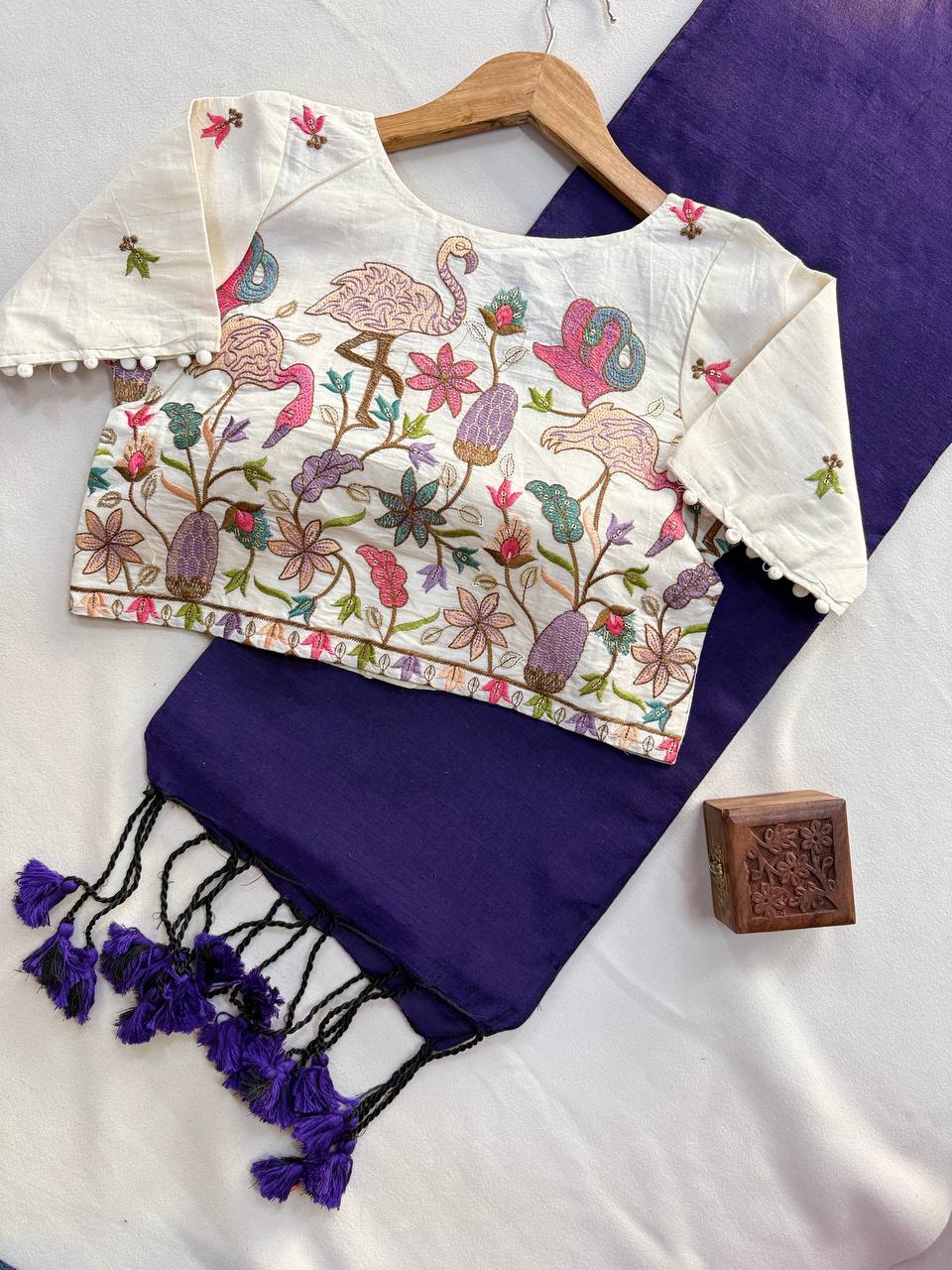 Navy Blue Pure Handloom Cotton Saree With Stitched Embroidery Blouse