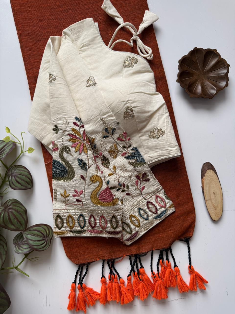 Dharma Exclusive - Orange Handloom Cotton Saree With Havy Embroidery Stitched Blouse