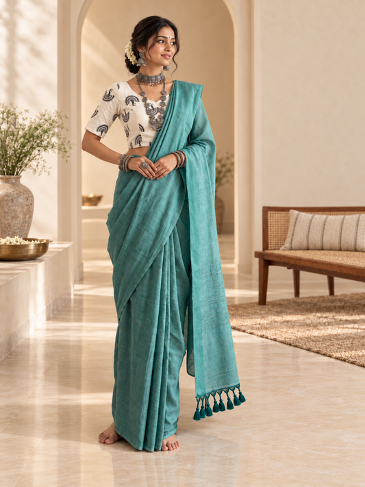Artisanal Teal Blue Handloom Saree with Stiched Blouse