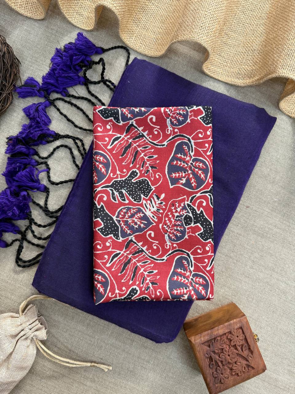 BUTTER SCOTCH - BLUE HANDLOOM COTTON SAREE WITH PRINTED BLOUSE