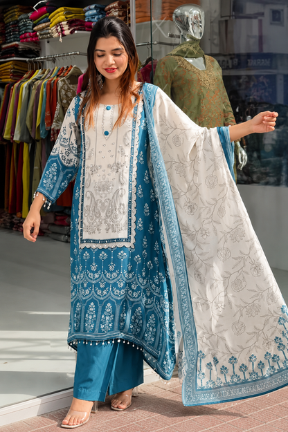 Attractive Sky Chinon Silk A-Line Suit Set with Real Mirror Hand Work