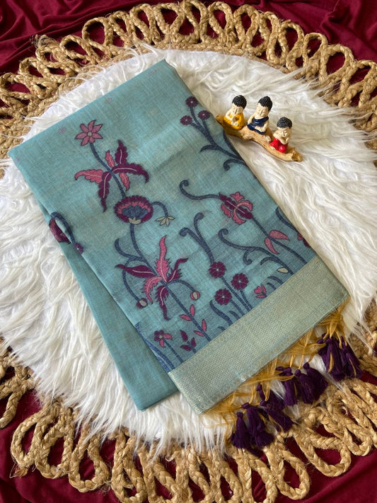 Myra - Pastel Teal Resham Woven Soft Muga Cotton Saree