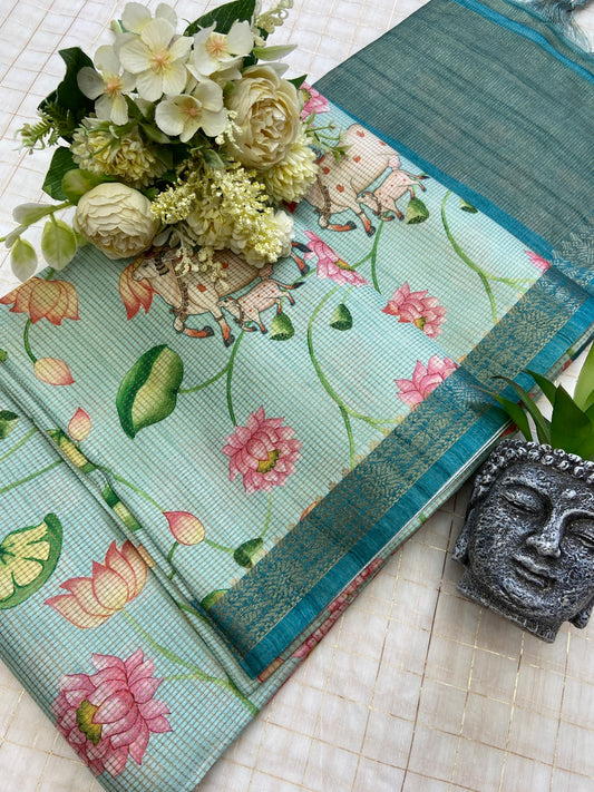 Aadhira - Sea Green Pichwai Print Soft Tussar Silk Saree