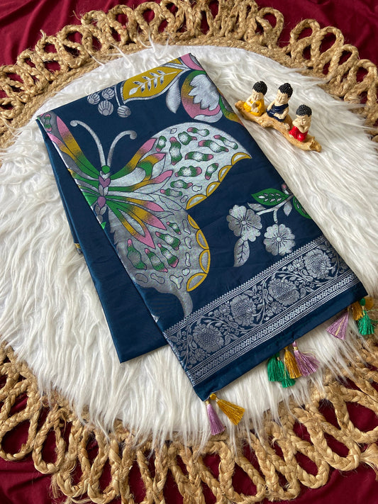 Shanaya Navy Blue Soft Silk Butterfly Motif Saree With Zari Border
