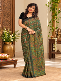 Trendy Green Ajrakh Hand-Block Printed Gajji Silk Saree With Mirror Work