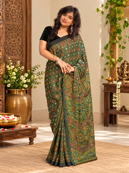 Trendy Green Ajrakh Hand-Block Printed Gajji Silk Saree With Mirror Work
