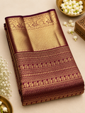 Traditional Wine Soft Banarasi Silk Saree with Pure Gold Zari Bird Motif Border