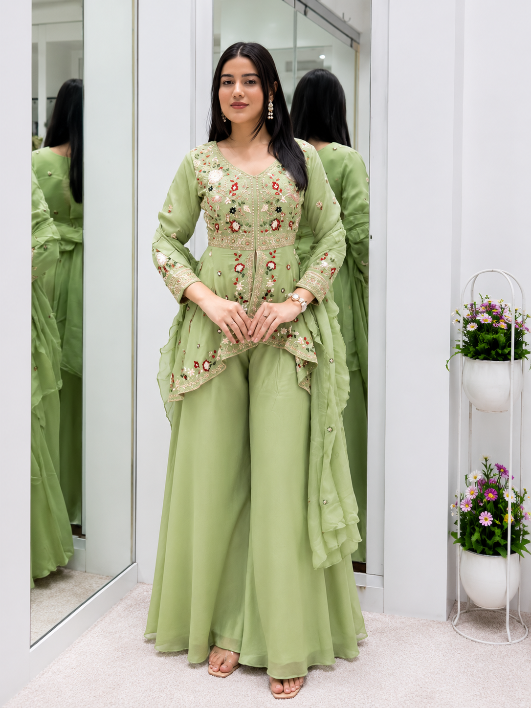 Very Attractive Teal Green Rangoli Silk Embroidered Suit Set