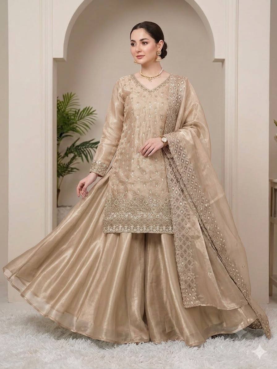 New Designer Golden Fandy Silk Embroidered Suit Set with Organza Dupatta