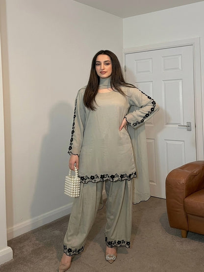 Elegant Sage Grey Faux Georgette Embroidered Suit Set with Dupatta