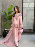 Beautiful Modern Pink Embroidered Crape Silk Suit Set with Organza Dupatta