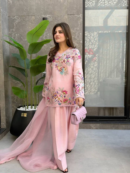 Beautiful Modern Pink Embroidered Crape Silk Suit Set with Organza Dupatta