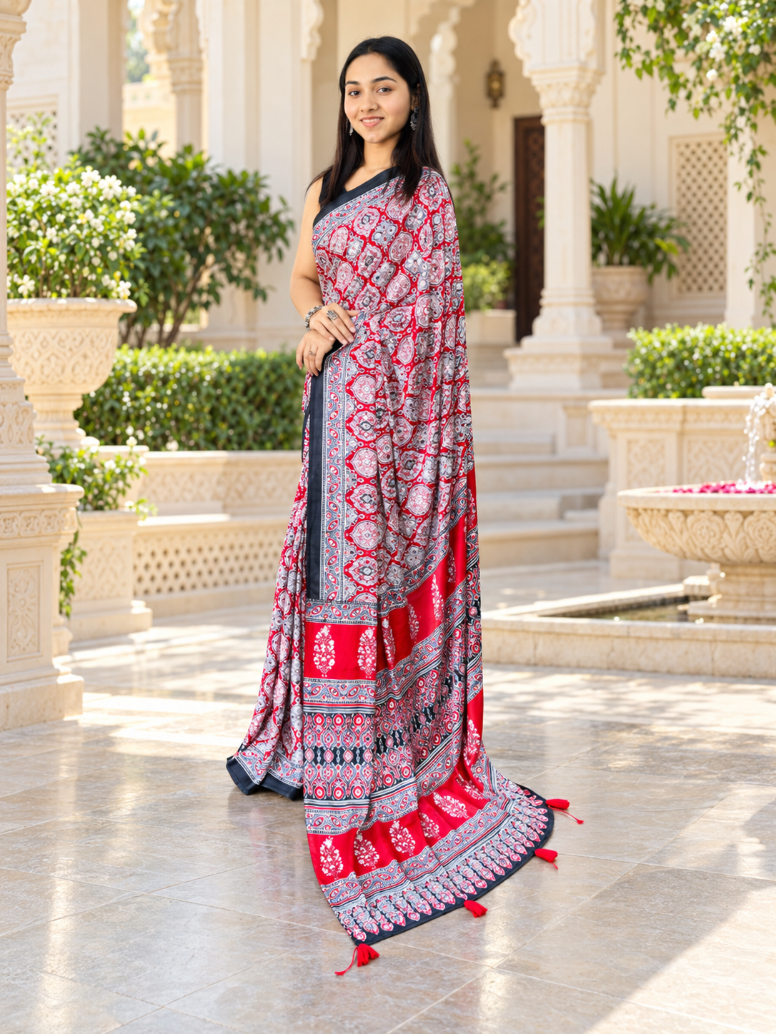 Charming Red Semi Gajji Silk Ajrakh Print Saree with Real Mirror Work