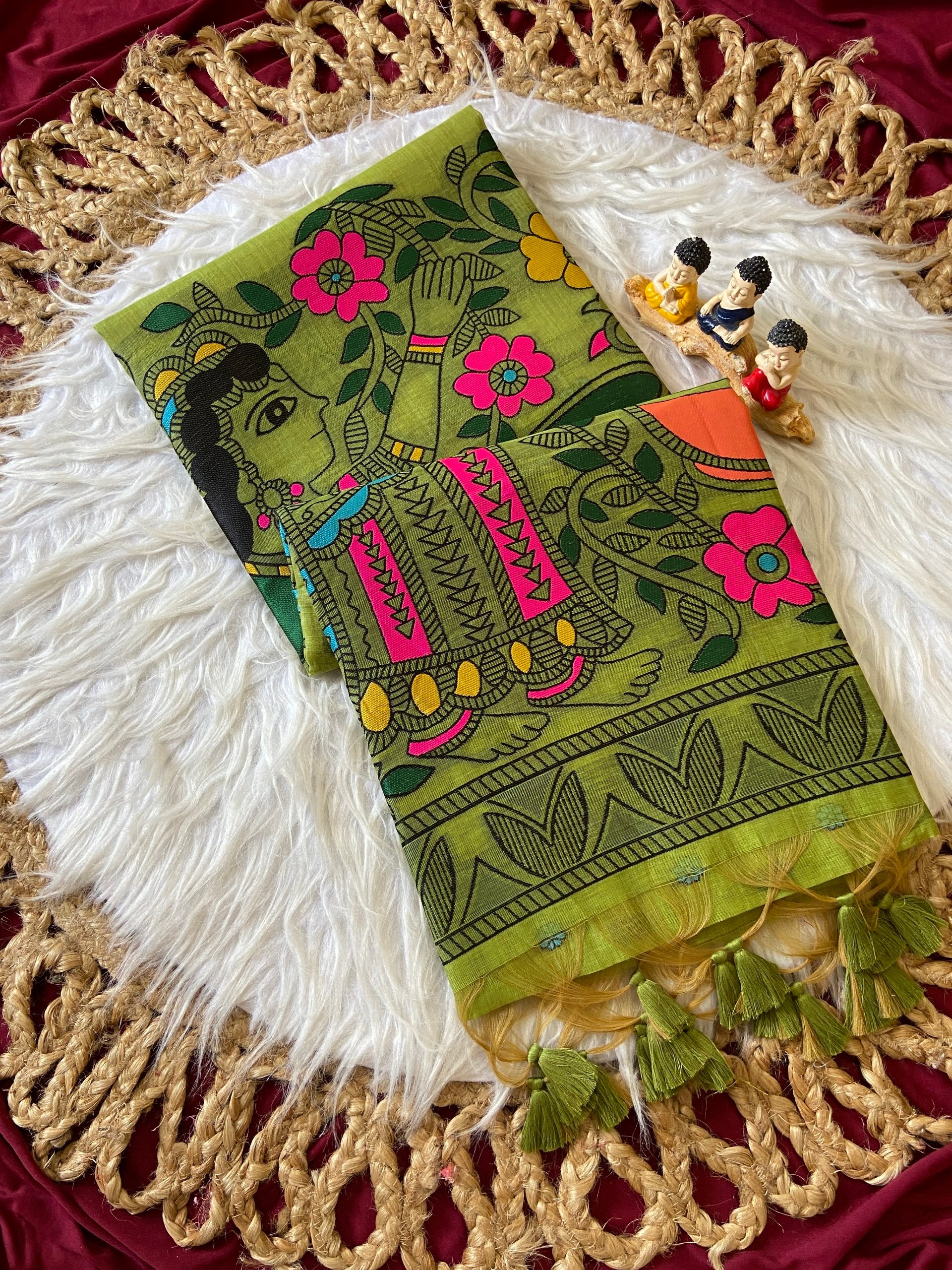 Traditional Madhubani Olive Green Soft Muga Cotton Resham Weaving Saree