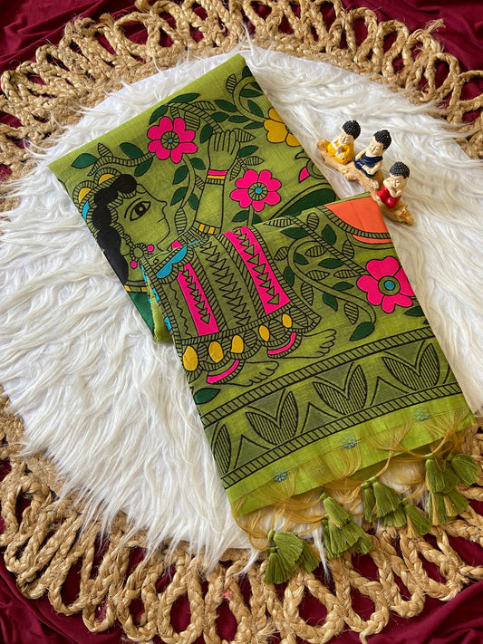 Traditional Madhubani Olive Green Soft Muga Cotton Resham Weaving Saree