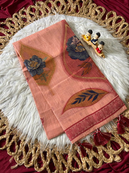 Zoya Peach Bloom Muga Cotton Weaving Saree