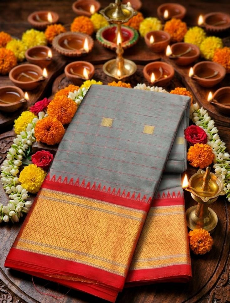 Exclusive Gray Chex Woven Cotton Silk Saree With Gold Zari Waving Work