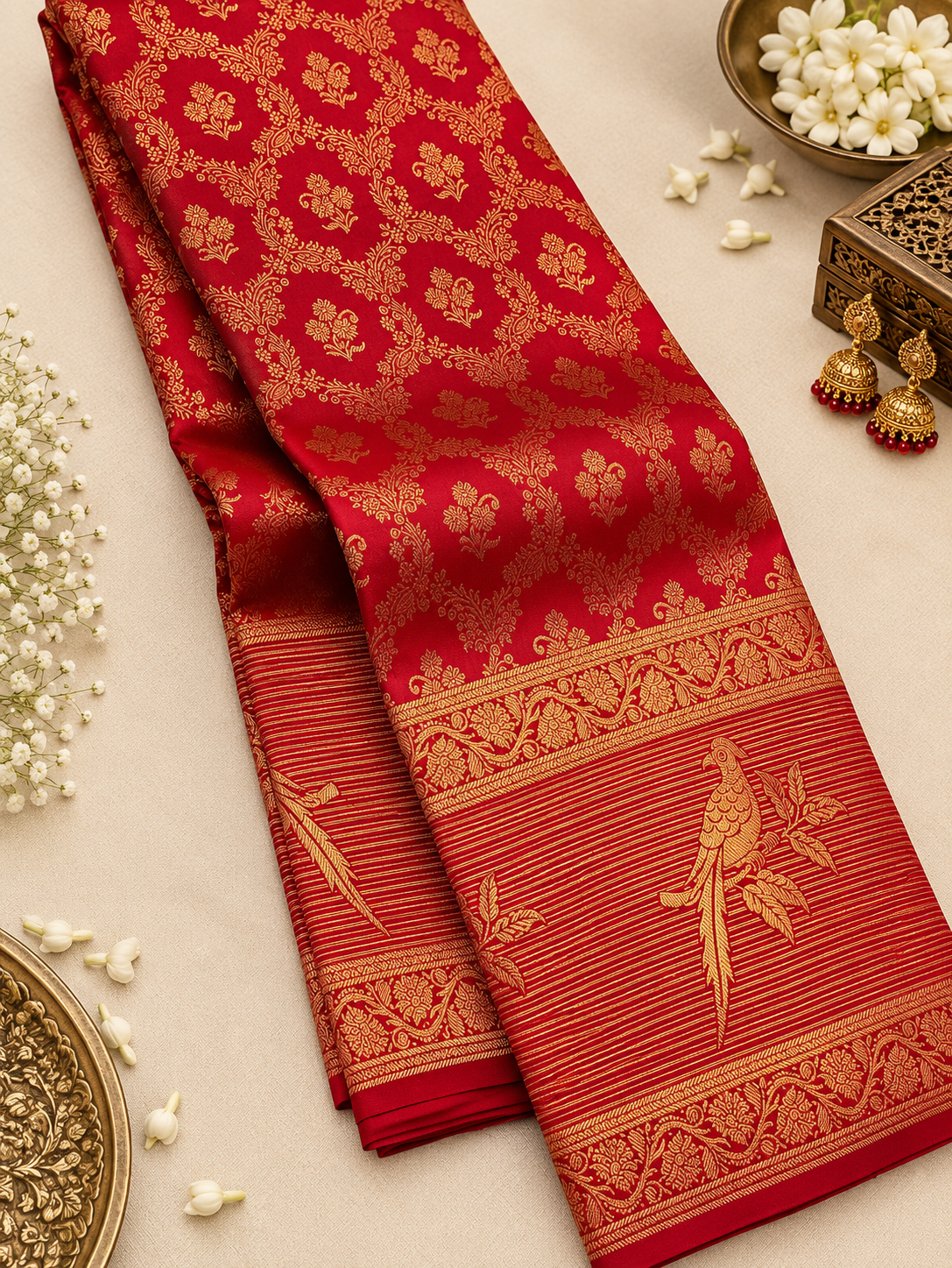 Designer Red Banarasi Silk Saree with Golden Bird Motif Border