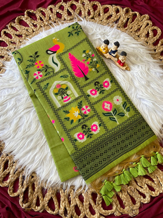 Elegant Olive Green Soft Jamdani Cotton Saree with 3D Woven Peacock Pallu