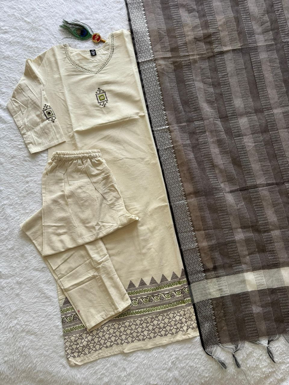 Premium Heritage Khadi Cotton Embroidery Suit Set With Real Mirror Work