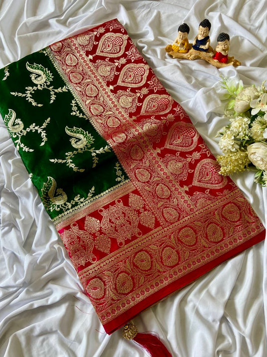 Emerald Green Pure Banarasi Silk Saree | Royal Gold Zari Weaving