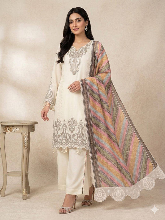 Elegant Star Georgette Embroidered Salwar Suit with Multicolor Chevron Dupatta