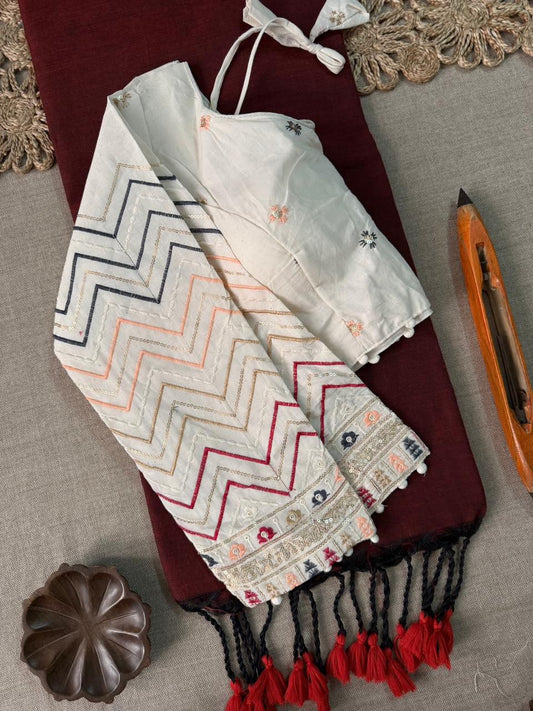 Dharma Exclusive - Maroon Handloom Cotton Saree With Havy Embroidery Stitched Blouse