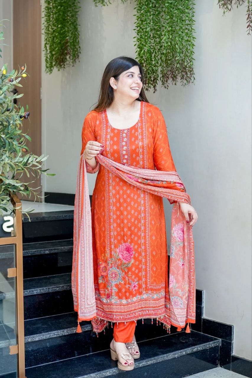 Designer Orange Chinon Silk Salwar Suit with Original Mirror Hand Work