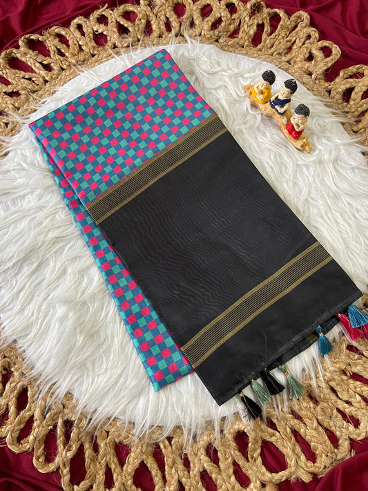 Elvisha Midnight Multicolor Checks Soft Tussar Silk Saree with Golden Border
