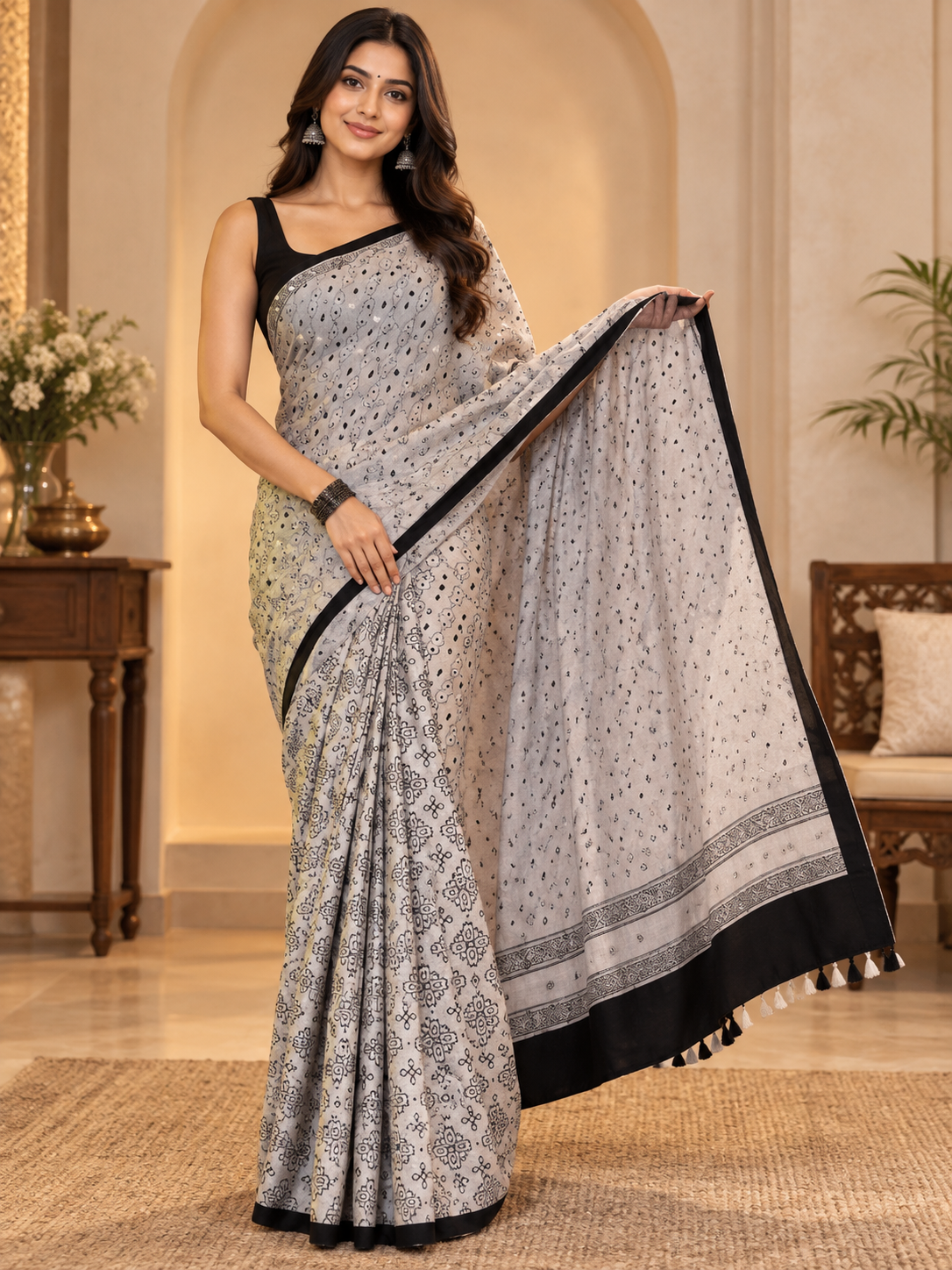 Marvelous White Pure Gajji Silk Ajrakh Saree with Real Mirror Work
