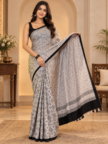 Marvelous White Pure Gajji Silk Ajrakh Saree with Real Mirror Work