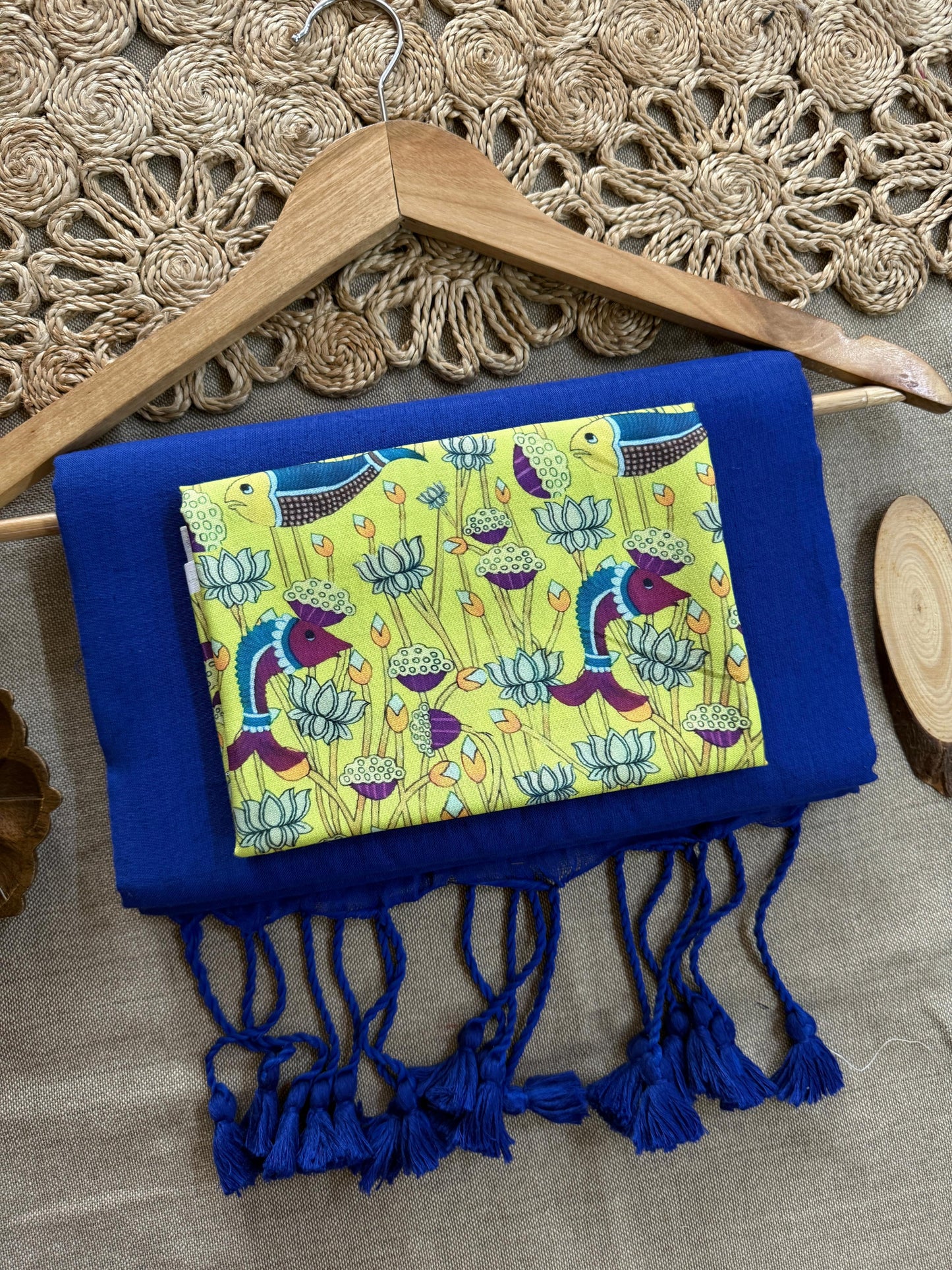 Dharma Exclusive - Navy Blue Handloom Cotton Saree With Printed Blouse