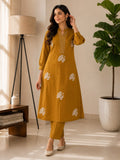 Elegant Yellow Voile Cotton A-Line Kurta Set with Peacock Thread Embroidery