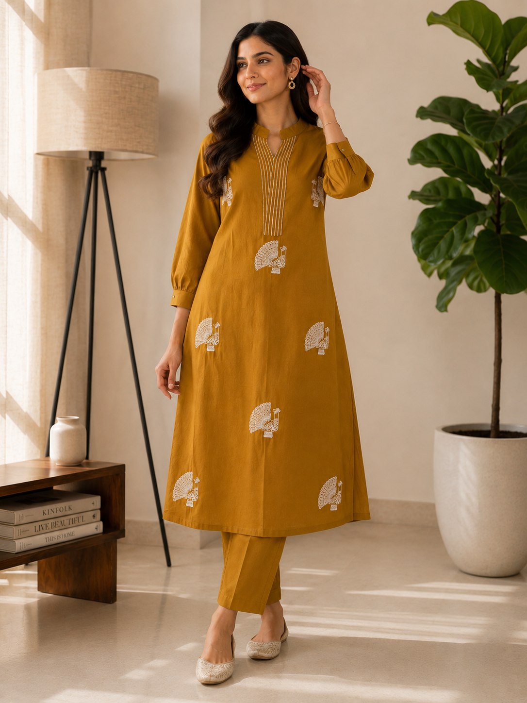 Elegant Yellow Voile Cotton A-Line Kurta Set with Peacock Thread Embroidery