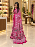 Luxury Rani Pink Ajrakh Printed Japan Silk Saree with Elegant Pallu