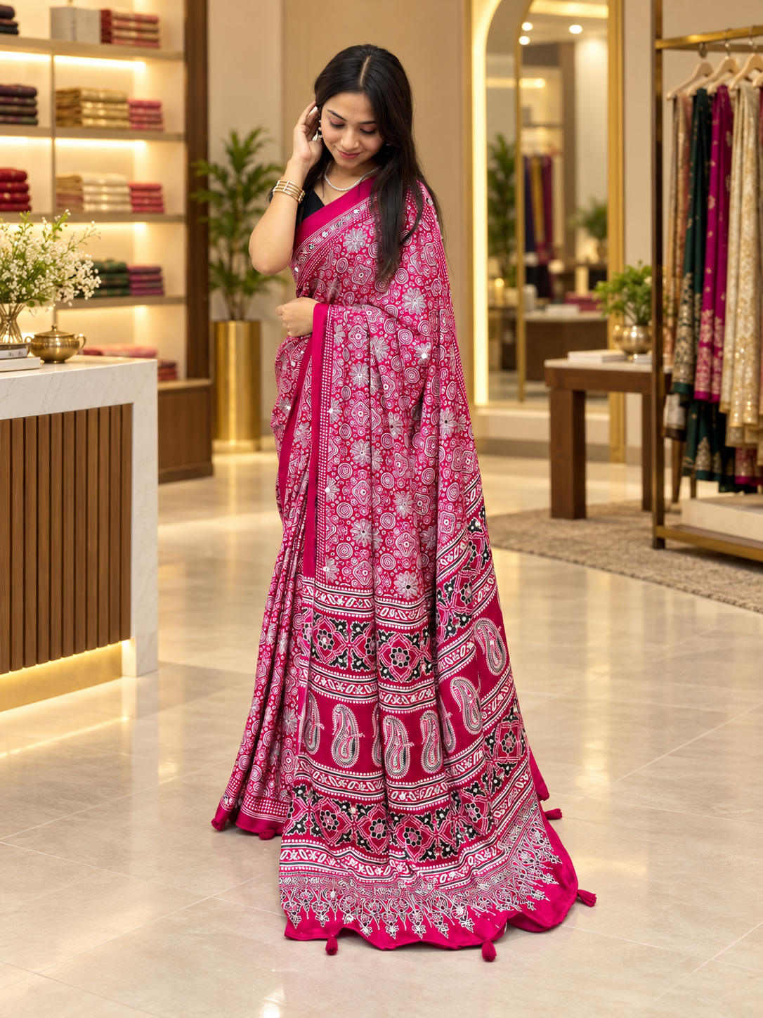 Luxury Rani Pink Ajrakh Printed Japan Silk Saree with Elegant Pallu