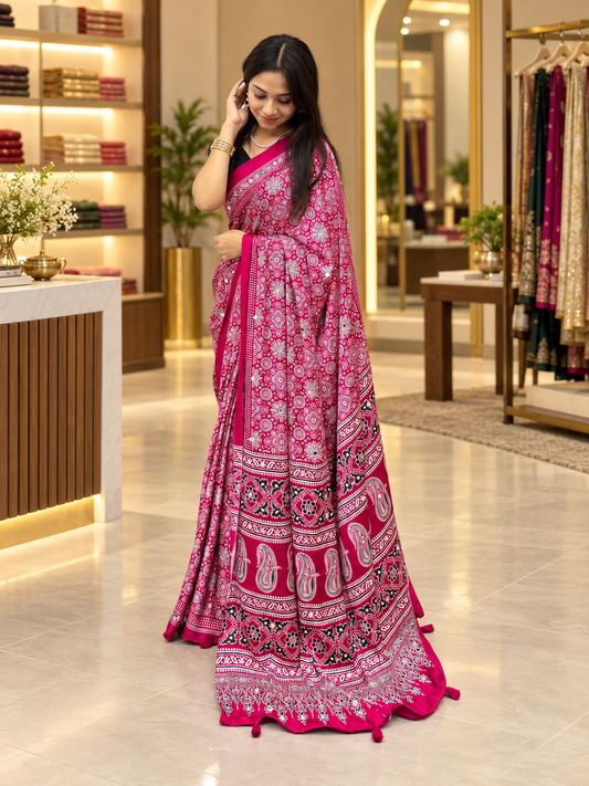 Luxury Rani Pink Ajrakh Printed Japan Silk Saree with Elegant Pallu